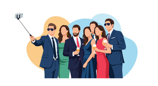 A diverse group of friends in formal attire captures a celebratory selfie moment together at an event. - Powered by Adobe