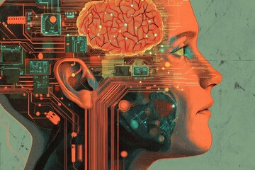 Cross sectional view of human head with brain and circuitry elements