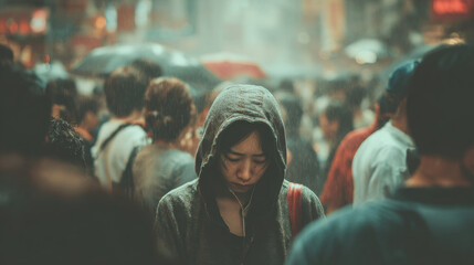 Lonely person wearing a hooded jacket surrounded by a bustling crowd in a rainy urban setting with blurred lights and umbrellas in the background creating a moody atmosphere.