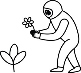 astronaut discovering alien flower line art illustration