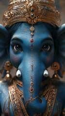 Obraz premium Blue-Skinned Lord Ganesha Statue with Golden Jewelry for Happy Ganesh Chaturthi Festival.