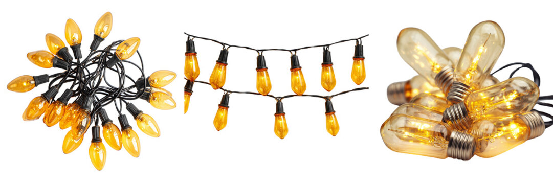 Set of Backyard party setup with DSLebeen 48FT/15M LED string lights, warm festive lighting on transparent png background. Ai generated
