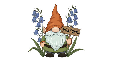 Adorable gnome holding welcome sign surrounded by bluebells for charming garden decor or greeting card designs adds whimsical touch