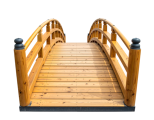 Wooden arched footbridge with curved railings, dark brown balusters at each end, and a light brown wooden deck, isolated on black
