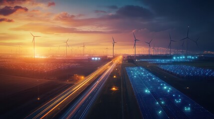 Obraz premium Renewable energy stations linked to graphene smart grid batteries, solar and wind energy with glowing connectors