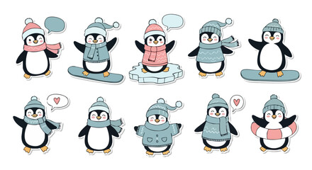 Adorable cartoon penguins dressed for winter fun, snowboarding, and playing, perfect for festive designs and cute sticker collections.