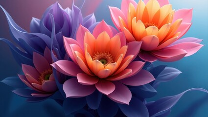 Fototapeta premium Vibrant, stylized blossoms in shades of pink, orange, and purple, arranged in a dynamic, close-up composition.