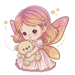 Cute fairy girl with pink hair hugging a teddy bear in a whimsical style