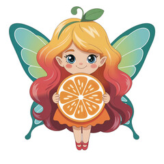 Colorful fairy with orange wings holding a large orange fruit in a whimsical design