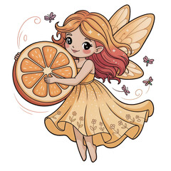 Colorful fairy with orange wings holding a large orange fruit in a whimsical design