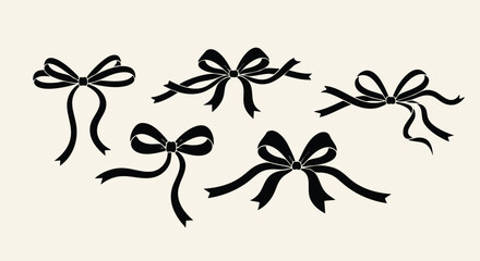 Elegant black ribbon bows in various dynamic arrangements perfect for festive decoration, gift wrapping, and premium branding accents
