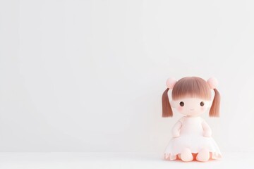 Adorable cute doll in white dress with pigtails for kids toys concept