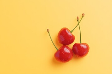 Minimalist cherry pair with angular design on yellow background