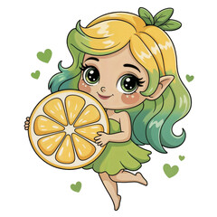 Colorful fairy character embracing a cheerful lemon in a bright and playful scene
