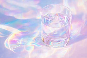 Chromatic glass cup filled with water reflecting vibrant light patterns on a surface
