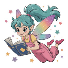 Fairy with colorful wings reading a storybook in a whimsical setting surrounded by stars