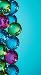 Neon glass orbs stacked along the left edge on bright teal. Clean hero layout with wide right copy space for web headers and social posts.