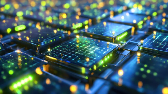Renewable energy storage system with futuristic graphene battery arrays, glowing vibrant green and blue overlays