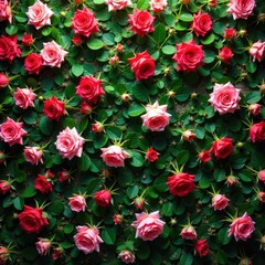 Vibrant pink & red roses, lush green leaves, floral wall backdrop, closeup, elegant