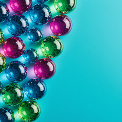 Neon glass orbs stacked along the left edge on bright teal. Clean hero layout with wide right copy space for web headers and social posts.