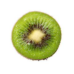 Close-up of a kiwi slice, vibrant green flesh, and small dark seeds