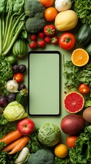 A smartphone against a backdrop of assorted fresh fruits and vegetables; useful for advertising healthy eating, mobile cooking apps, and blogs about proper nutrition.