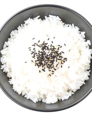 Bowl of white rice with black sesame seeds
