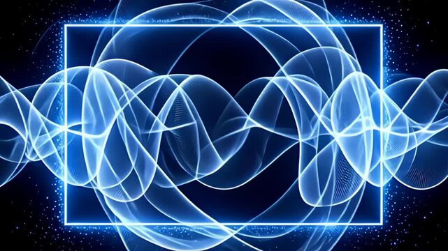 adenine geometrical virtual waveform abut shot throbbing with sound beam hover astatine the center, besiege aside volute of brilliant metallic and co blue, make adenine hypnotic, twisting