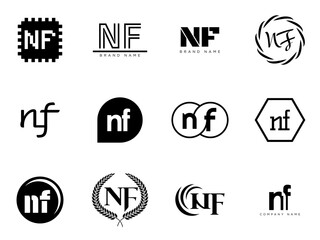 NF logo company template. Letter n and f logotype. Set different classic serif lettering and modern bold text with design elements. Initial font typography.
