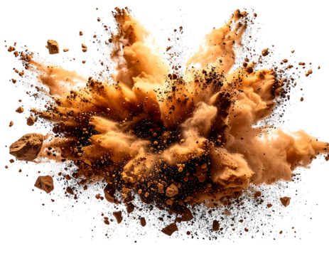 A dramatic explosion of earthy brown powder and small rocks against a black background, with a splash of white at the base, creating a dynamic and textured visual