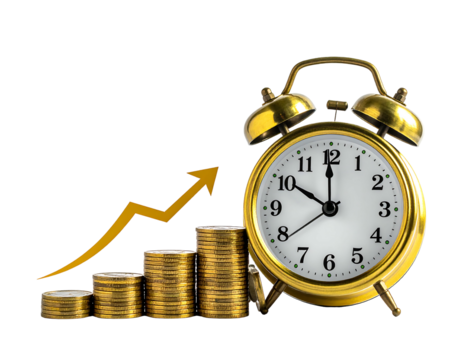 Gold alarm clock beside ascending stacks of coins with upward trending arrow, symbolizing time, money, and growth
