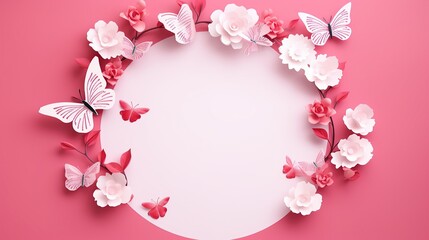 Circular arrangement of paper flowers and butterflies on pink. Generative AI