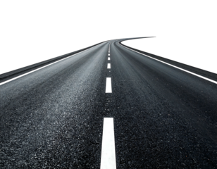 Night road, asphalt curving gently right, disappearing into darkness; white lane markings, faint lights in distance