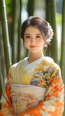 A girl in a traditional Japanese kimono against the backdrop of a bamboo forest; ideal for cultural projects and illustrations about traditions.