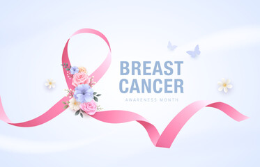 Breast cancer awareness background with pink ribbon with rose and butterfly design. Banner template with gradient light blue color. Vector illustration.