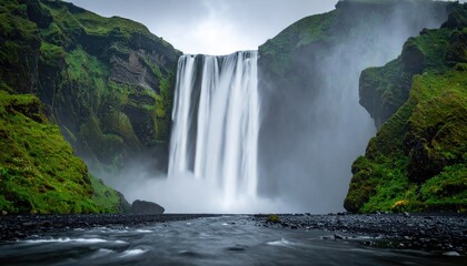 Fototapeta premium Majestic Waterfall Cascading Down Lush Green Cliffs with Misty Spray in Iceland Dramatic Scene and Natural Beauty with Motion Blur