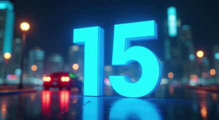 A close up of a blue number fifteen on a city street