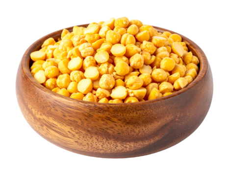 A wooden bowl overflows with pale yellow, split chickpeas; some are halved, revealing their pale interior.  The bowl is round and dark brown, sitting on a plain white background