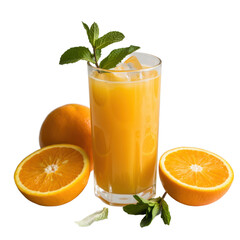 Refreshing tall glass of bright orange juice with fresh oranges and green mint leaves isolated on transparent background