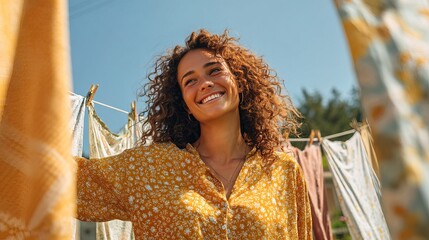 Joyful woman hanging clothes on a line in a sunny backyard outdoor lifestyle scene cheerful atmosphere vibrant colors positive vibes close-up view