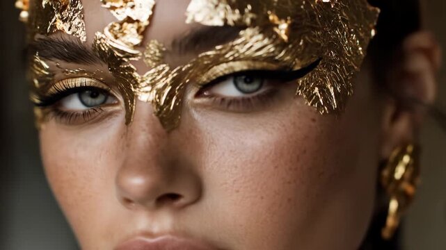 Artistic closeup of a woman with gold eye mask patches. Luxurious skincare and wellness moment.