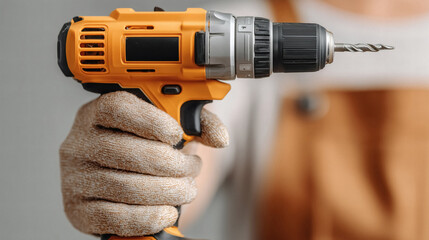 Professional hands hold a powerful cordless drill ready for construction and DIY projects