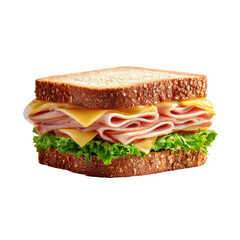 Close-up of a ham and cheese sandwich on whole-wheat bread, filled with layers of sliced ham and cheese, topped with lettuce