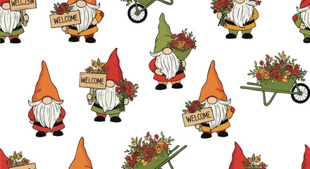 Charming garden gnomes holding welcome signs and bouquets, perfect for festive fall decorations and seasonal greetings