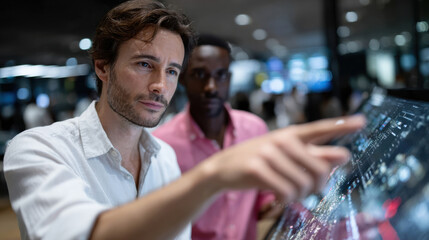 Two men engage over a digital screen, showcasing the collaborative spirit and modern technological advancements in professional environments.