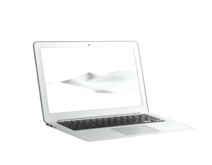 Silver laptop angled left, displaying a minimalist grayscale landscape on its screen; sleek design, subtle lighting