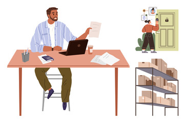 Fototapeta premium Man working with documents on a laptop, secure access system, organized storage shelves, cup and pens. Ideal for productivity, workplace, organization, security, management clerical tasks workflow