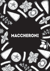 Obraz premium Traditional Italian pasta sketch. Maccheroni frame. Italian food. Staple food. Hand drawn vector illustration. Background for packaging, menu. Top view. Not AI