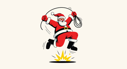 Santa Claus leaps into action with festive holiday cheer, ready to lasso Christmas spirit and spread joy with a playful, energetic vibe