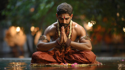 Brahmin Hindu full body pray god on river
